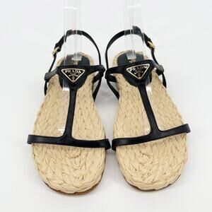 NWOB Prada Black Leather Triangle Logo Plaque Raffia Strappy Flat Sandal IT 39